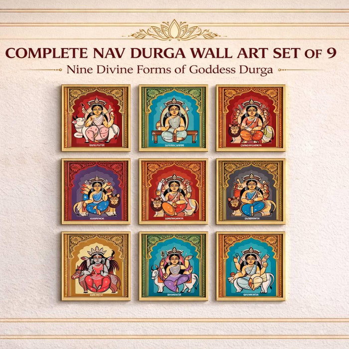 Nine Forms of Nav Durga Wall Art Painting Set of 9 with Frames 9x9 Inch, Hindu Goddess Navratri Decorative Wall Paintings & Showpiece, Spiritual Religious Wall Decor for Living Room, Pooja Room