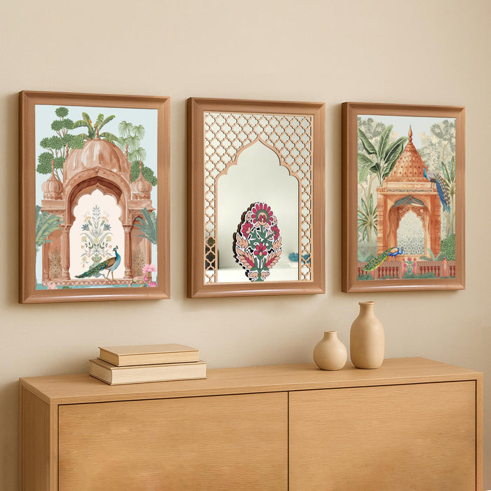 Framed Madhubani Wall Art and Decorative Mirror Set | A3 Floral and Garden Painting with Jali Jharoka Mirror | Indian Paintings | 35x45 cm