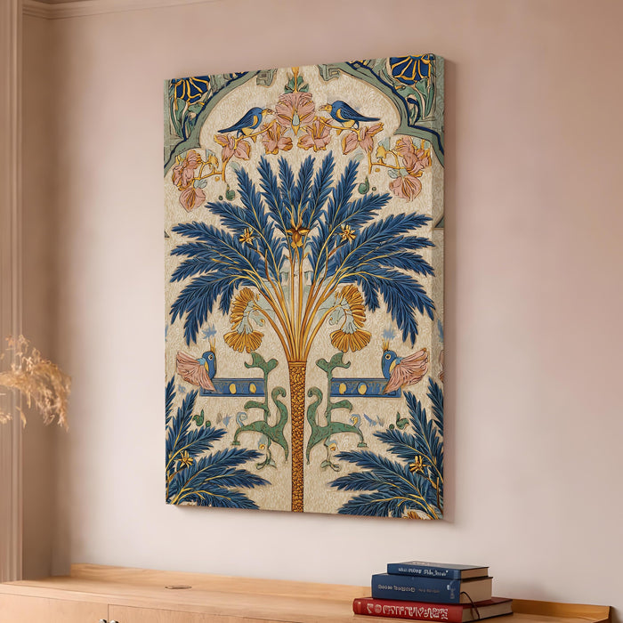 Mughal Botanical Stretched Canvas Painting For Living Room | Royal Palm Garden Stretched Canvas Wall Art For Livingroom Home Decor, Bedroom, Hallway's, Office, Hotel - 56x86 cm