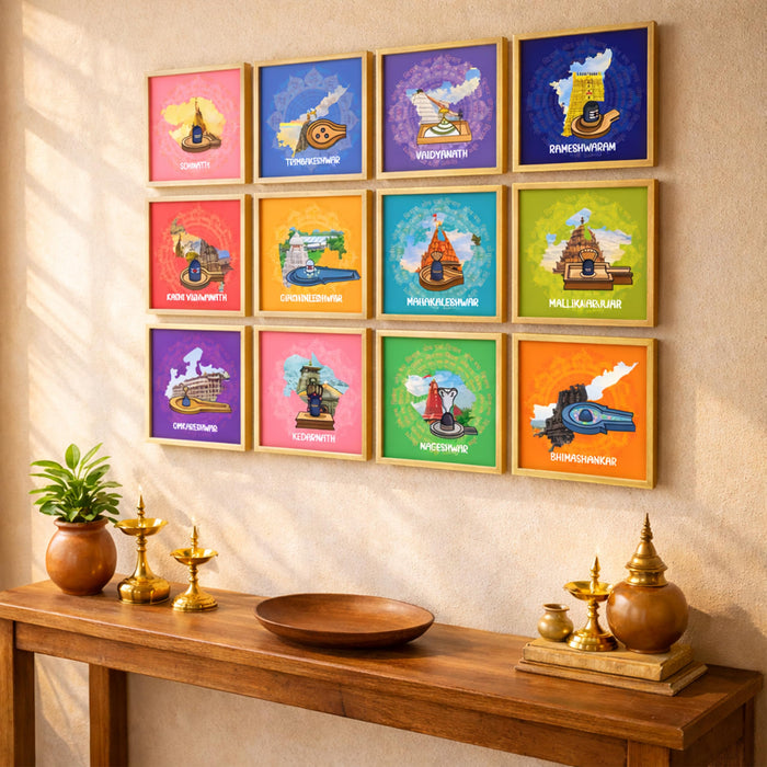 12 Jyotirlinga Wall Art Painting For Living Room | Lord Shiva Sacred Temples Framed Wall Art Paintings | Spiritual Home Decor Frames for Pooja Room, Office | Religious Gift Set (Set of 12), 9x9 Inch