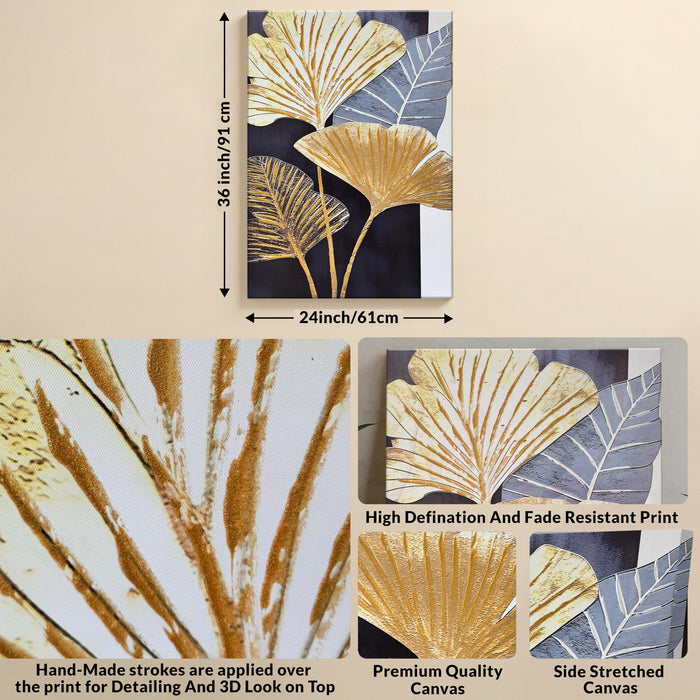 Abstract Stretched Canvas Paintings Gold Ginkgo Leaf Wall Art 3D Textured Abstract Botanical Canvas Painting Wall Décor Hand Painted Art Painting for Modern Home Decor 61x 91cm