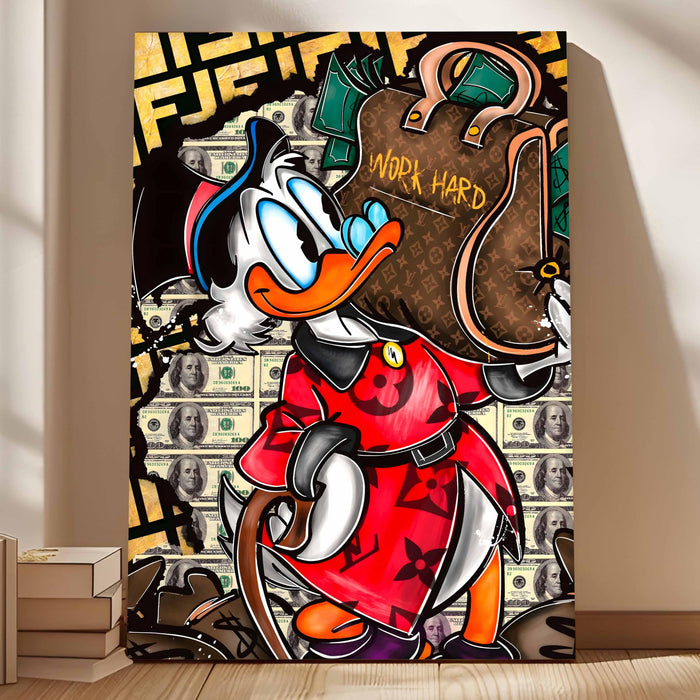 Luxury Cartoon Duck Money Pop Art Stretched Canvas Painting Print | Work Hard Success Theme Graffiti Wall Art | Modern Street Style Artwork for Home & Office, 56x86 cm