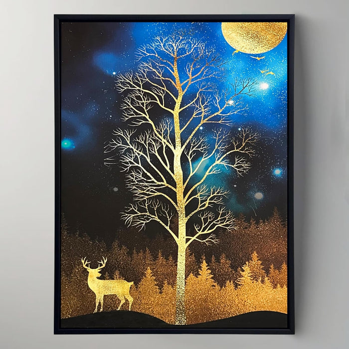 Framed Canvas Art Print with LED Light Decorative Canvas Wall Painting, Deer and Tree in Front of the Moon Wall Decor 43x58 cm