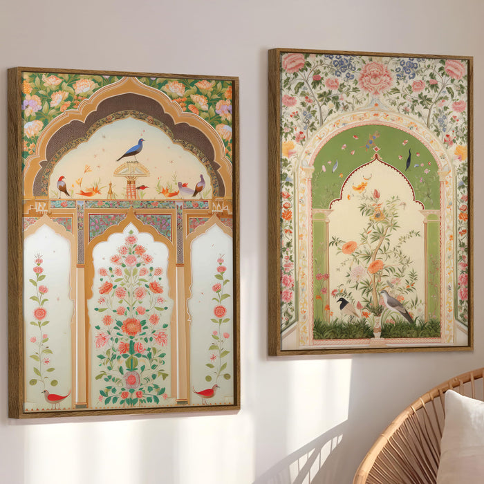 Mughal Jharokha Peacock and Flower Canvas Indian Large Wall Art Painting for Living Room Decoration, Stylish Large Wall Art Print for Wall Decor (Set of 2, 58x89 cm)