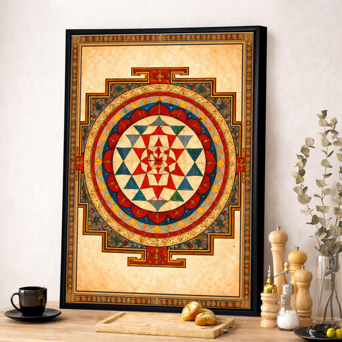 Sri Yantra Mandala Framed Canvas Painting for Living Room Wall Deocr, Shree Yantra Sacred Geometry Vastu Framed Canvas Wall Art for Vastu Place Bedroom Home Hallways Office Hotel, Size 43x58 cm