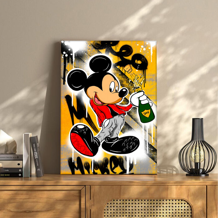 PAINTINGMANTRA Cartoon Mouse Champagne Stretched Canvas Painting Print| Graffiti Style Pop Art Wall Décor | Modern Street Art Canvas for Home & Office, 41x56 cm