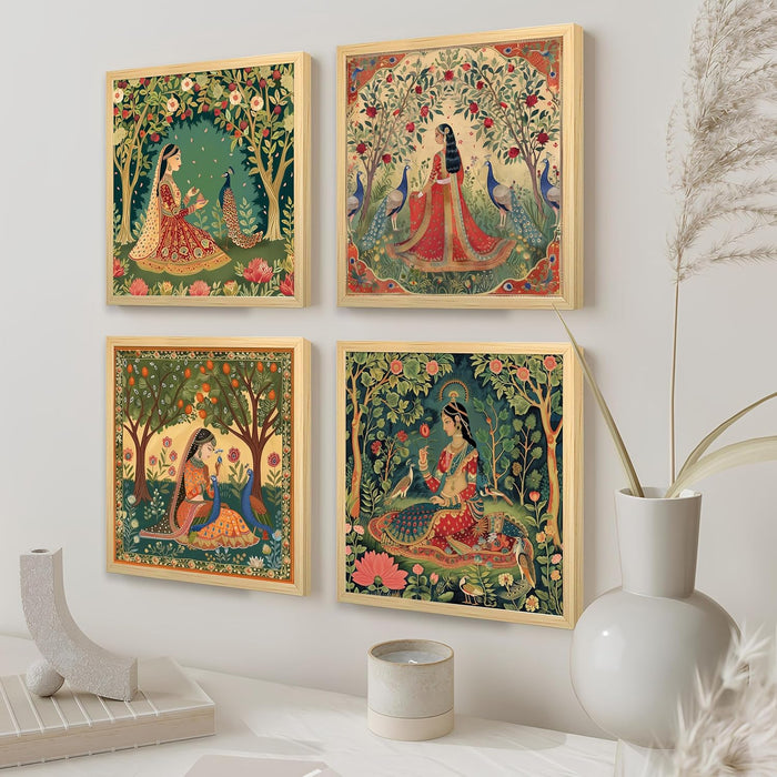 Madhubani Art Print, Women in Floral Garden (13.5x13.5 Inch, Pack of 4)
