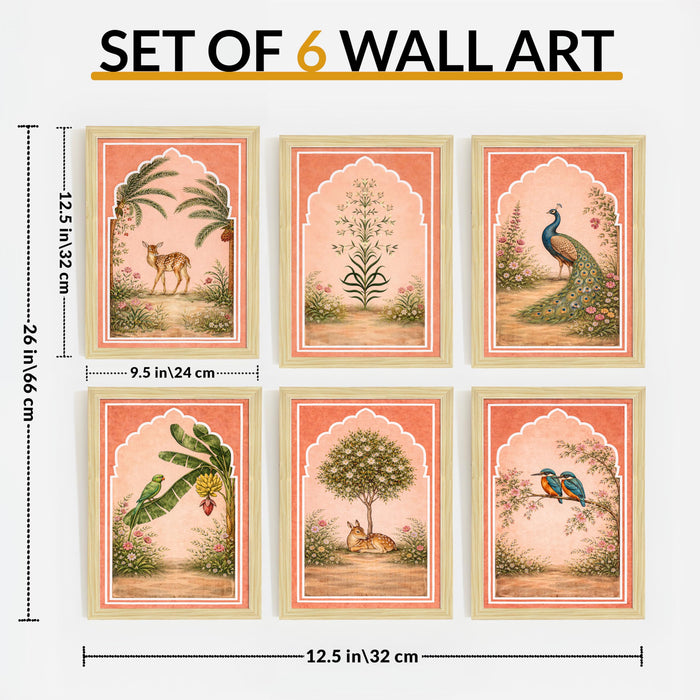 Mughal Miniature Painting With Frame for living room, Royal Flower garden Framed Wall Art Painting for Home Decor Set of 6, Size 9.5 by 12.5 Inch