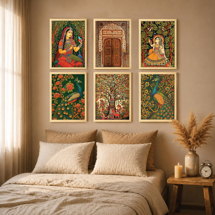 Madhubani & Folk Wall Art Painting for living room, Rajasthani Art Peacock & Floral Theme Framed Art Print for Home decoration, Bedroom, and office (Set of 6, 13x9 inch)