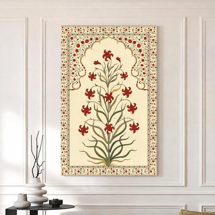 Madhubani Floral Jharokha Stretched Canvas Painting For Living Room | Mughal Garden Stretched Canvas Wall Art For Livingroom Home Decor, Bedroom, Hallway's, Office, Hotel - 56x86 cm