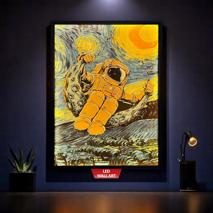 Framed Canvas Art Print with LED Light Canvas Wall Painting, Astronaut Post Impressionism Art Decorative Wall Decor 43x58 cm