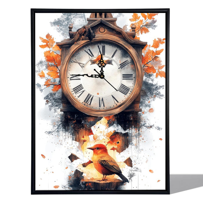 Portrait Abstract Cuckoo clock with bird Multicolor Framed Canvas wall art With Clock | Painting with clock, 43x58 cm