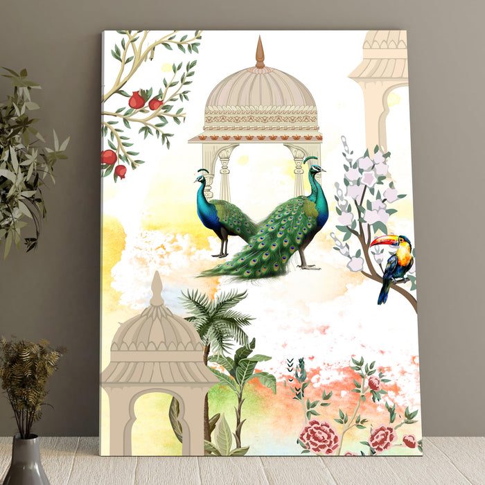 Art Street Stretched Canvas Painting of the Mughal Garden with Peacock for Home Decoration, Living Room, Wall Hanging, (Size: 12x16 Inch)