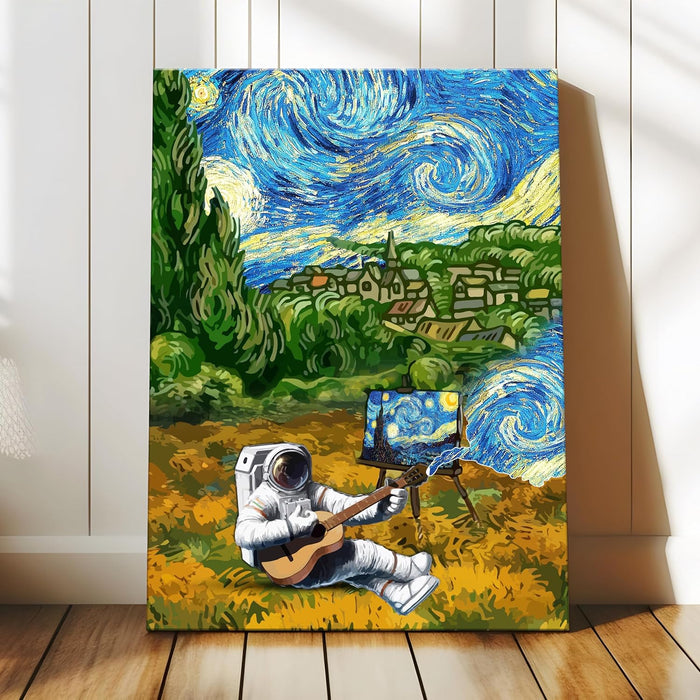 Art Street Stretched Canvas Painting Astronaut with Violin Starry Night Graffiti Wall Art for Home Decor, Living Room, Office.