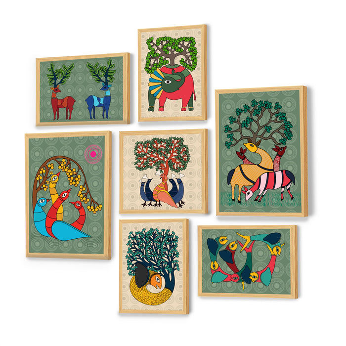 Framed GOND Tribal wall painting Set of 7 Indian Wall Art Print Elephant Deer and Peacock with Flower for Home and and Office Decor (Size: 9.3x12.7, 13x13 & 12.7x17.5 Inch)