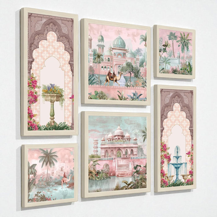 Framed Wall Art Print Pack of 6 Framed Wall Decoration Art Prints Traditional Indian Mughal 24x48, 34x34 and 24x24 cm