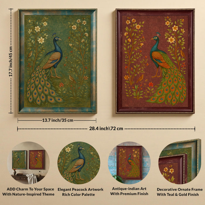Set of 2 Green and Maroon Peacock Wall Art Framed Art Prints, Antique Indian Mughal Rajasthani Style Peacock Bird Painting, Ornate Framed Ethnic Wall Decor Living Room Bedroom 35x45 cm