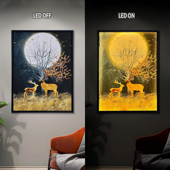 Framed Canvas Art Print with LED Light Decorative Canvas Wall Art, Deers in Front of the Moon Painting with LED Wall Decor 43x58 cm