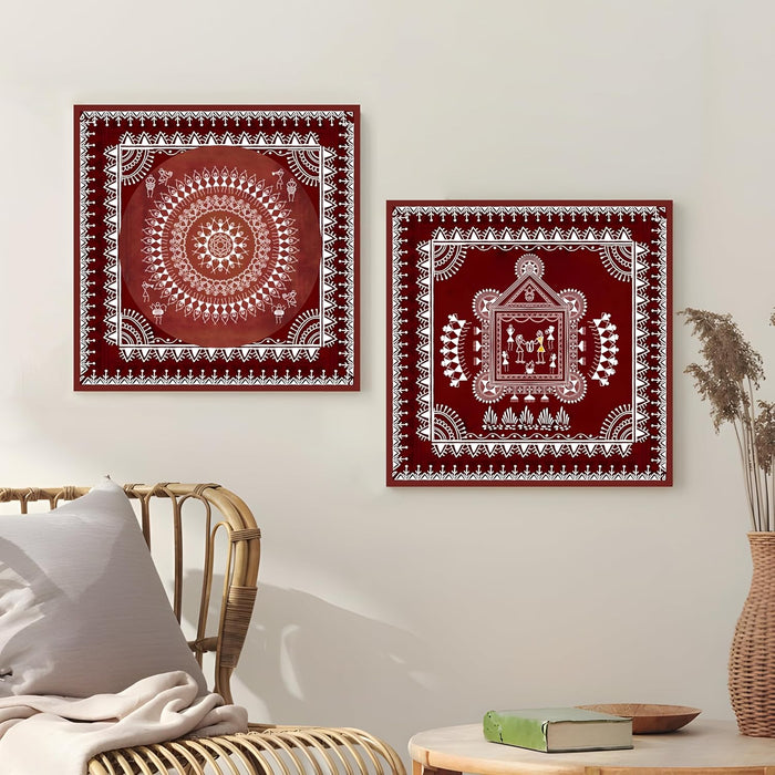 Marriage and Festival Celebration Warli Painting, Traditional Indian Maharashtra Warli Tribal Folk Wall Painting (Set of 2, 12x12 inch)