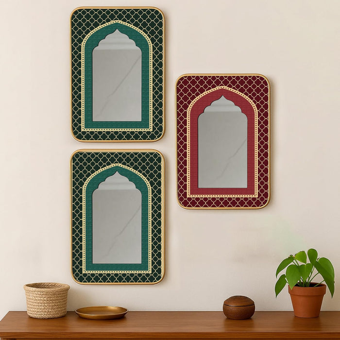 Decorative Jharokha Acrylic Mirror Set of 3 Red Abstract Floral Pattern Printed Gold Metal Finish Décor Mirror (8.2x12.2 Inches)