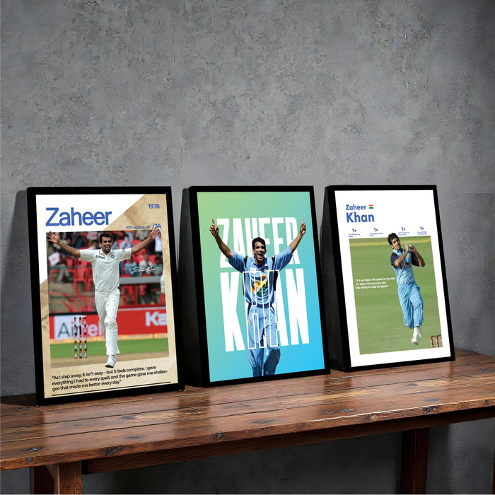 Zaheer Khan Cricket Wall Art | Legendary Indian Fast Bowler Posters | Framed Sports Wall Decor for Living Room, Bedroom, Office & Cricket Fans (13.9x17.6 Inch, Set of 3)