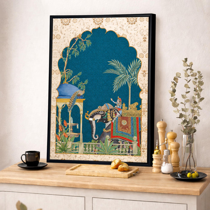 Mughal Elephant Framed Canvas Painting for Living Room Wall Decor, Arched Jharokha Mughal Garden Indian Art Framed Canvas Wall Art for Bedroom Wall Decoration Home Hallways Office Hotel, Size 43x58 cm