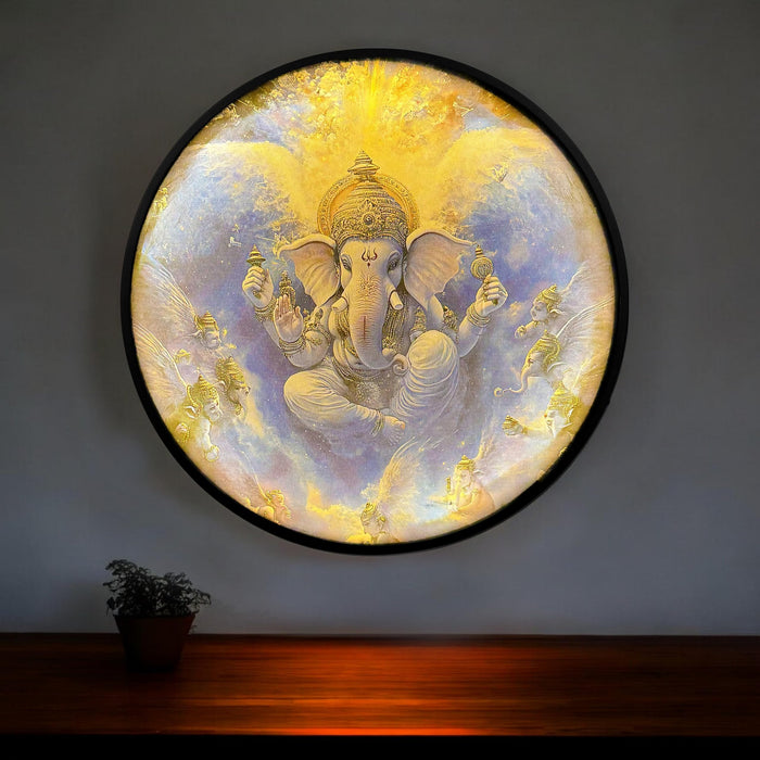 Shree Ganesh Ji Night Wall Lamp Painting with Premium Aluminium Metal Frame, Religious Round Wall Painting with Warm White Night Lamp (18x18 Inches)