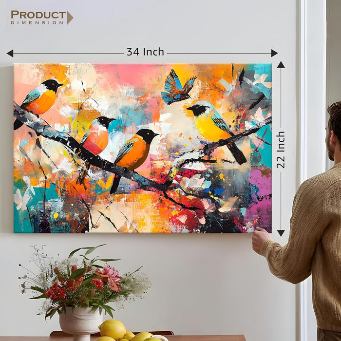 Landscape Abstract Canvas Wall Art Painting Birds Standing on Branch Multicolor | Digital Painting on Canvas Stretched on Wood (22x34 Inch)