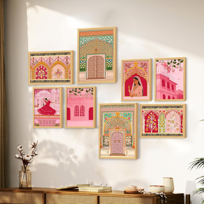 Womens indian Architecture Indian Folk Art Wall Art Print Paintings, Set of 8 | Digital Framed Painting | 30x42, 21x30 cm