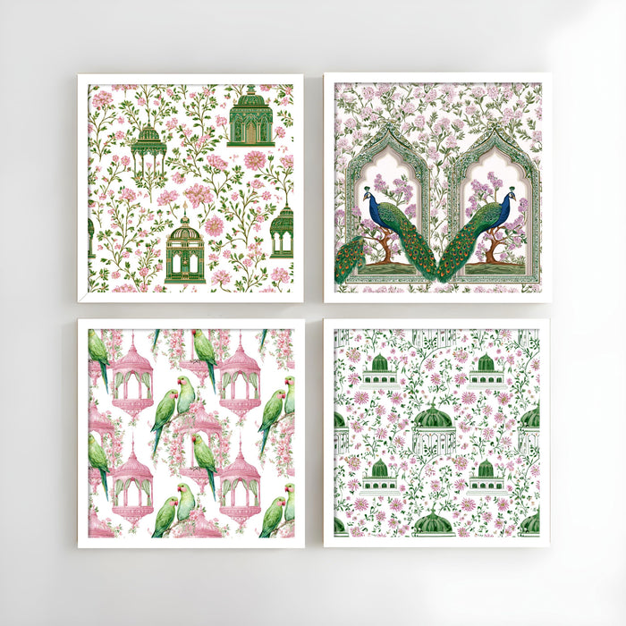 Pichwai art Floral Wall Art Prints—Indian folk art, Botanical Framed Wall Decor for Living Room, Bedroom, Nursery & Home Décor, (Set of 4) (13.2 inch x 13.2 inch)