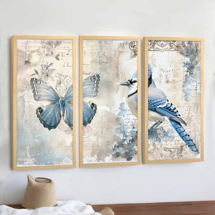 Butterfly and Hummingbird Floral Dictionary Wall Painting for Home, Engineered Wood Frame Large Wall Art (Set of 3, 8x18 Inch)
