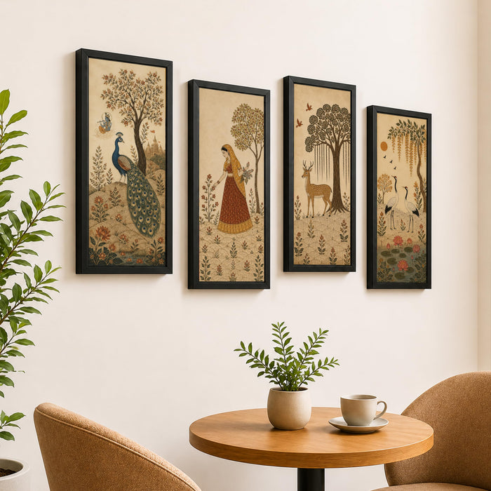 Traditional Indian Heritage Framed Wall Art Painting For Living Room | Peacock, Deer, Woman Artwork Poster with Frame for Wall, Decoration item for Bedroom, Set of 4, Size 9.5x19.5 Inch