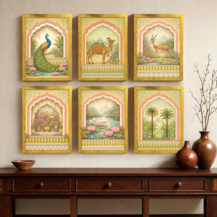Mughal Garden Painting With Frame for living room, royal Indian Miniature Framed Wall Art Painting for Home Decor Set of 6, Size 9.5 by 12.5 Inch