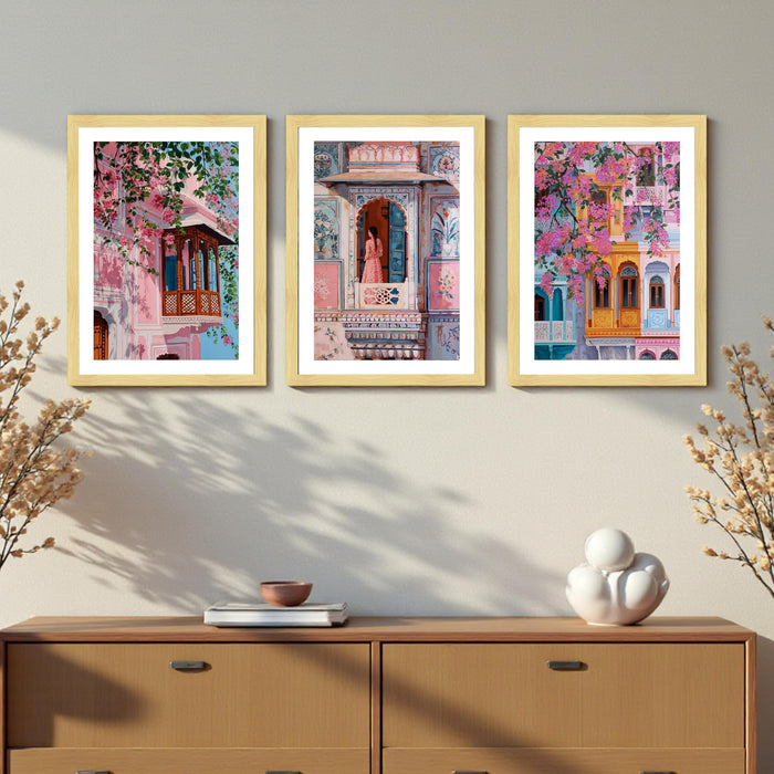 Abstract Indian Traditional A3 Framed Poster for Living Room With Frame, Women's Day Gift Abstract Architecture Framed Posters for Home Decor Bedroom Hallways Office Hotel Set of 3, Size 33x45 cm