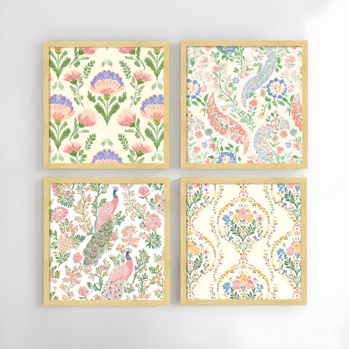 Madhubani Floral Wall Art Prints with Peacock—Traditional Indian Folk Art Botanical Framed Wall Decor for Living Room & Bedroom, (Set of 4) (13.2 inch x 13.2 inch)