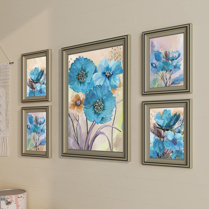 Art Street Blue Lily Floral Framed Art Print For Living Room, Decorative Home & Wall Decor - Set Of 5 (Silver, 4 Pcs-5x7 Inch, & 12x16 Inch)