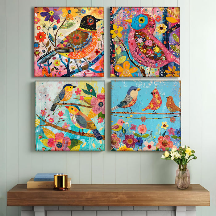 Colorful Birds & Flowers Vibrant Botanical Pattern Wall Art Painting Set of 4 | Digital Print (12 x12Inches)