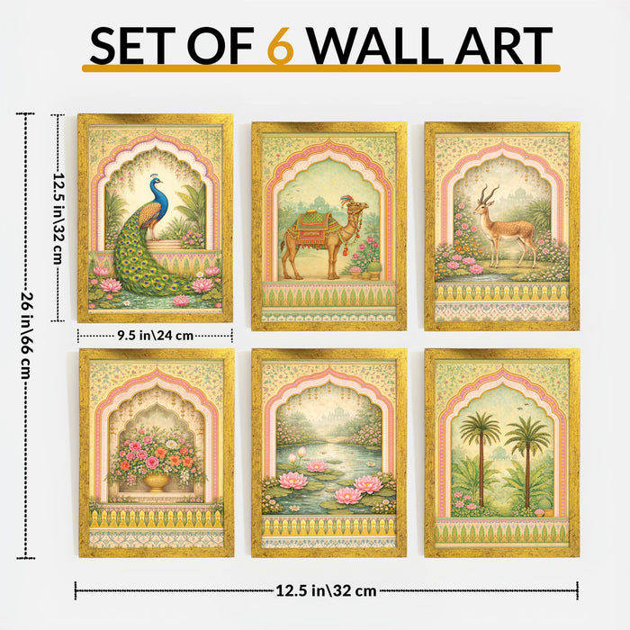 Mughal Garden Painting With Frame for living room, royal Indian Miniature Framed Wall Art Painting for Home Decor Set of 6, Size 9.5 by 12.5 Inch