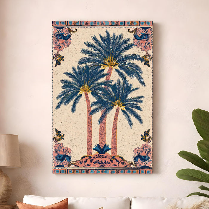 Mughal Botanical Stretched Canvas Painting For Living Room | Decorative Palm Garden Stretched Canvas Wall Art For Livingroom Home Decor, Bedroom, Hallway's, Office, Hotel - 56x86 cm