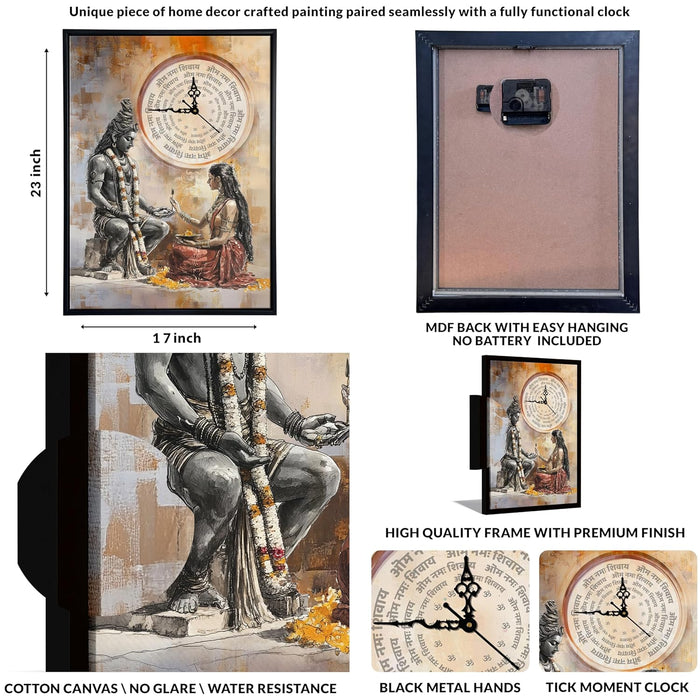 Hindu Religious Portrait Abstract Divine Multicolor Framed Canvas wall art With Clock | Painting with clock. 43x58 cm