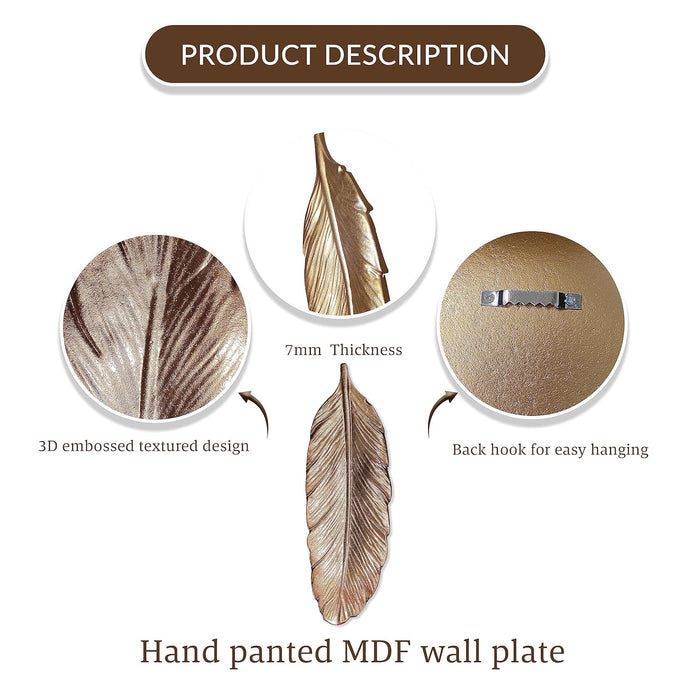 Art Street Golden Feather Design Tray MDF Wall Plate For Living Room, Decorative Wall Hanging Carved Decal for Home Décor (Set of 2, 5.2x15.5 Inch)