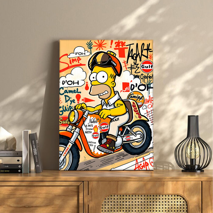 Cartoon Biker Graffiti Stretched Canvas Painting Print | Street Pop Art Wall Décor | Modern Motorcycle Illustration for Home & Office, 41x56 cm