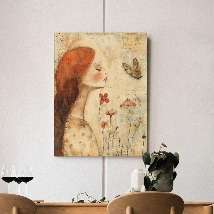 Vintage Abstract Art of Girl with Flower and Butterfly in Orange, Brown, and Beige | Digital Painting (16x22 Inch)