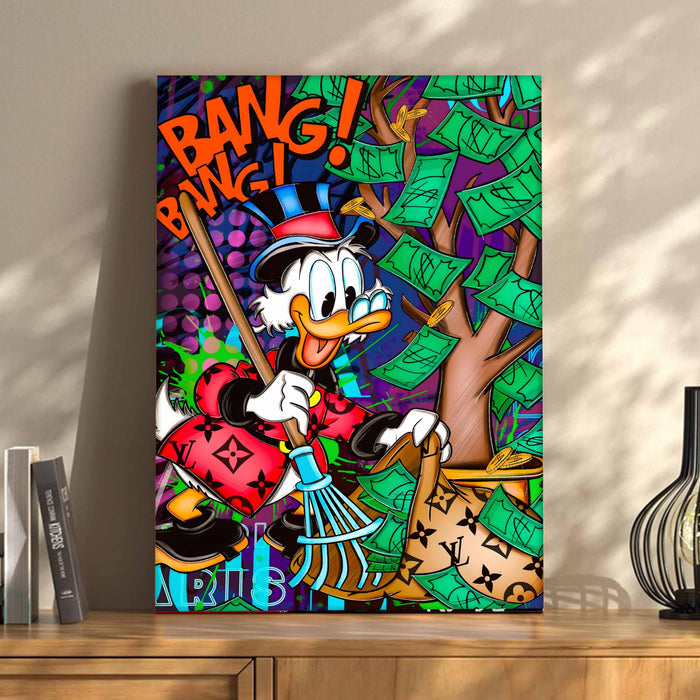 Bang Bang Hustle Pop Art Stretched Canvas Painting Print | Money Tree Street Art Wall Décor | Bold Motivational Artwork for Modern Home & Office, 41x56 cm