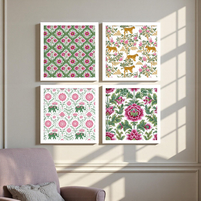 PAINTINGMANTRA Pichwai Floral Wall Art Prints—Madhubani Wall Art Botanical Framed Wall Decor for Living Room, Bedroom & Home, (set of 4) (13.2x 13.2 inch)