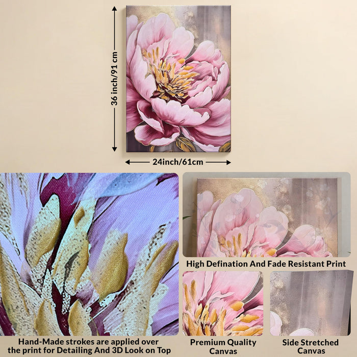 Stretched Canvas Pink Peony Flower 3D Abstract Paintings Hand Painted Abstract Vastu Canvas Painting Paintings for Office Hand Painted Art 61x91 cm