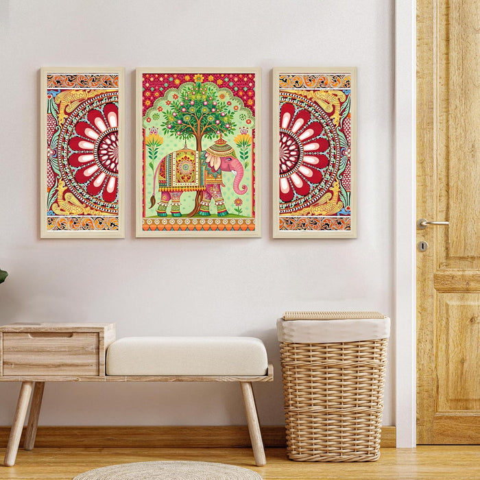 Elephant and Flowers Madhubani Framed Wall Art Painting Home Décor Pack Of 3 | Digital Scenery Painting with Frame | Suits for Hallways, Living Room, Office Set Of 3 22x46 cm, 33x44 cm
