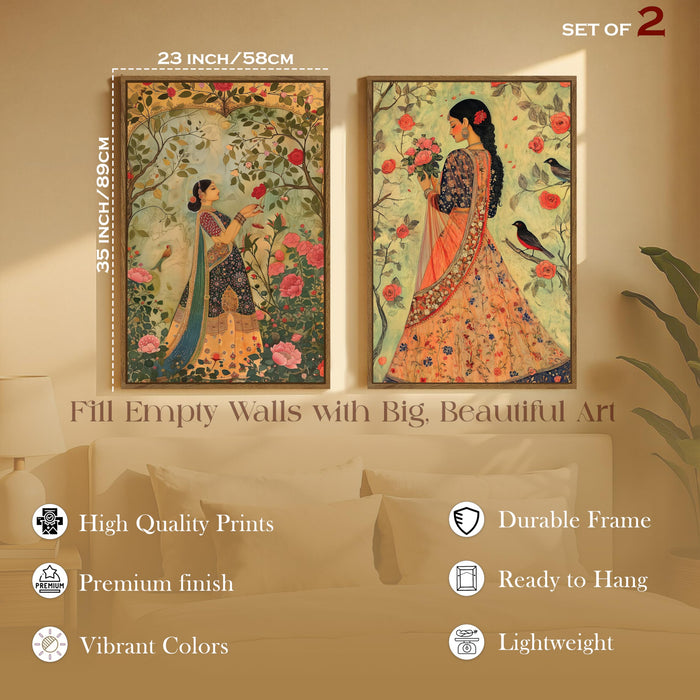 Mughal Women in Flower Garden Canvas Indian Large Wall Art Painting for Living Room Decoration, Stylish Large Wall Art Print for Wall Decor (Set of 2, 58x89 cm)