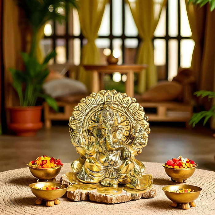 Metal Ganesha Sitting Idol on Lotus Traditional Ganesha Brass Finished Idol Diwali Decoration, Brass Finished, Handcrafted Design 14x16 cm