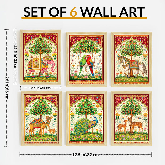 Indian Madhubani Painting With Frame for living room, Folk Style Garden Framed Wall Art Painting for Home Decor Set of 6, Size 9.5 by 12.5 Inch